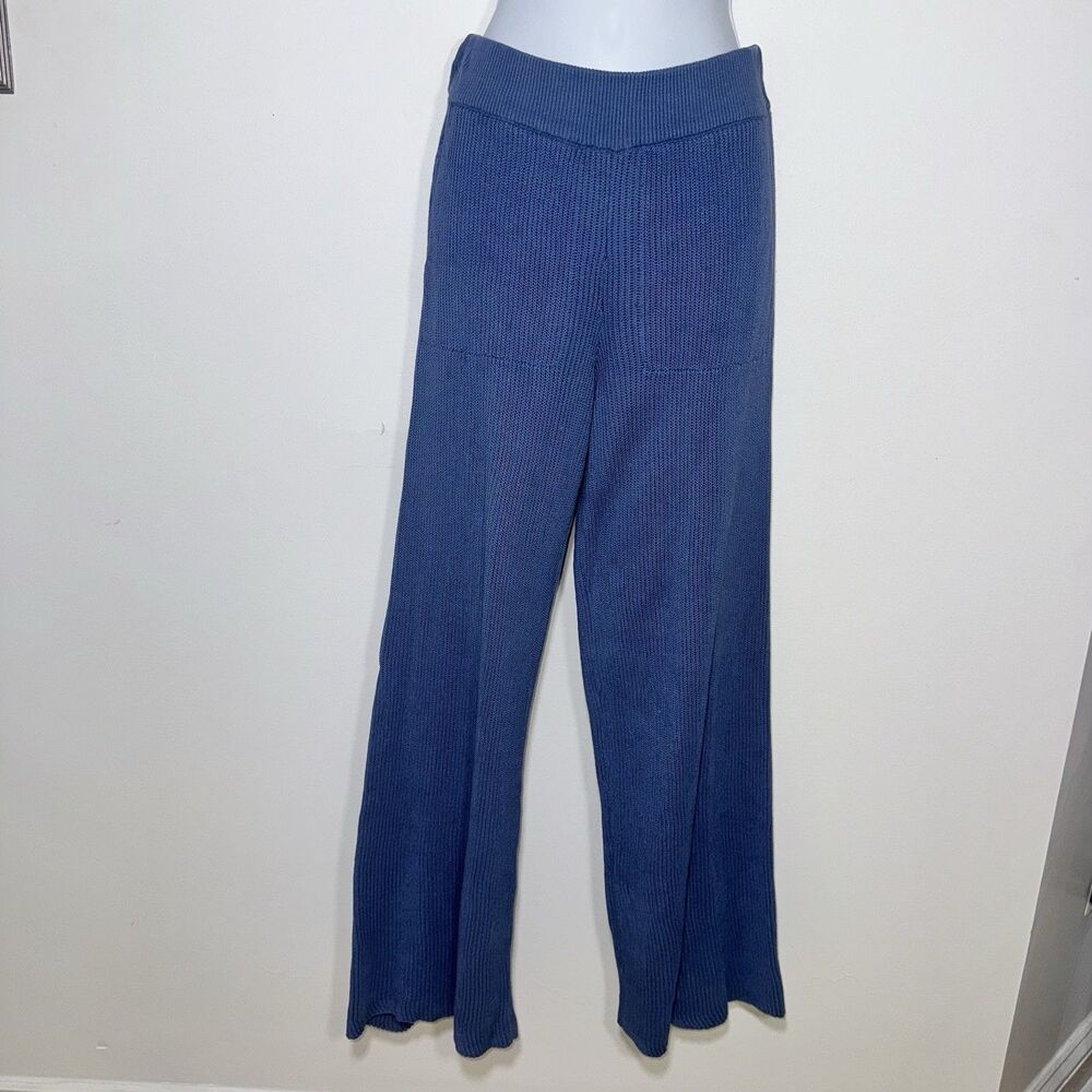 Free People Beach Ribbed Knit High Rise Wide Leg Pants Small Blue Pockets